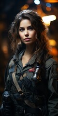 Fototapeta premium Beautiful young girl in full length military uniform with weapon in hands