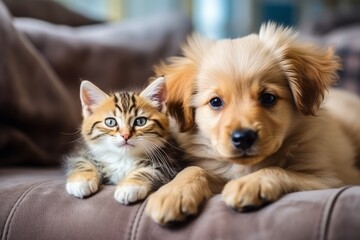 Cute little kitten cat and cute puppy dog together at home on the couch