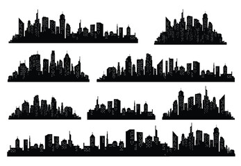 Set of vector cities silhouette. City silhouette vector set. Panorama city background. Skyline urban border collection.