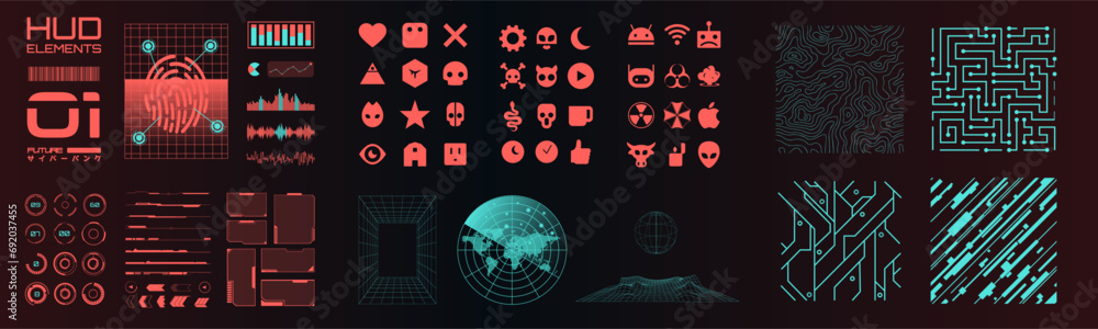 Fototapete cyberpunk 3d cosmic shapes. digital hud elements. info, label boxes and bars. ui, ux futuristic part