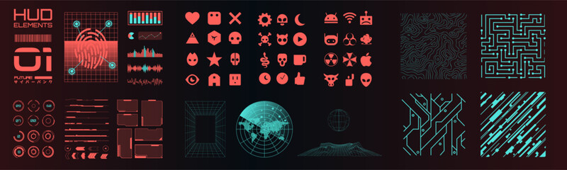 Cyberpunk 3D Cosmic Shapes. Digital Hud elements. Info, label boxes and bars. UI, UX futuristic parts for layouts and templates. Holograms, charts and virtual reality visualizations. Video game maps. © Marek