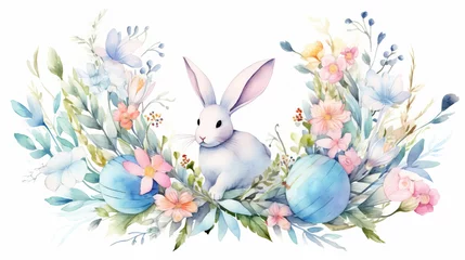 Foto auf Glas Watercolor Easter wreath bouquet of spring flowers and painted eggs in pastel colors with a white cute hare in the middle. Congratulatory motive. Happy Easter concept. © leesle