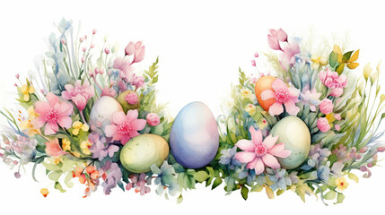 Obraz na płótnie Canvas Easter card, watercolor wreath of spring flowers and colored eggs. Spring and Happy Easter concept.