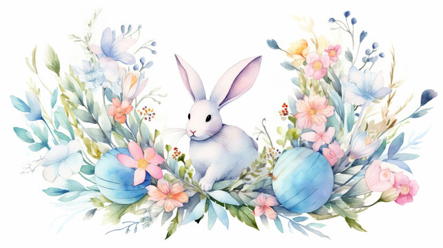 Watercolor Easter wreath bouquet of spring flowers and painted eggs in pastel colors with a white cute hare in the middle. Congratulatory motive. Happy Easter concept.