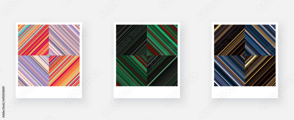 Poster variants of paper card with square checkered striped geometric patterns.