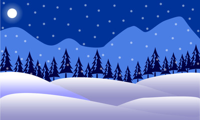 Winter at night with spruce forest and hills illustration design vector