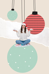 Vertical creative collage image of female hold snow hanging tree toys decoration balls new year...