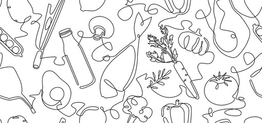 ood. Seamless hand drawn Pattern with Vegetables, Meat, Fish and Beverages. Vector illustration. Continuous line drawing style background.