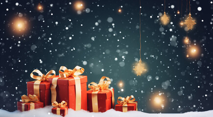 Christmas background with presents and stars suitable for holiday greeting cards, festive social media posts and seasonal promotional materials.