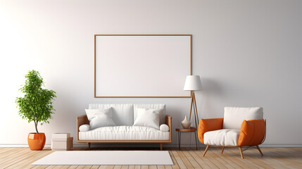 Classic mid-century modern interior design with an empty white canvas mockup, showcasing iconic furniture pieces, sleek lines, and retro charm