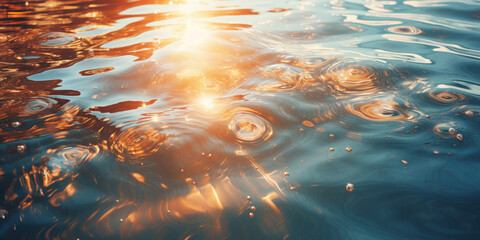surface de l'eau reflétant les rayons du soleil, ondulations du courant et bulles d'air