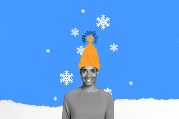 Composite picture image of young funny female warm hat snowflakes snowy weather blue white new year...