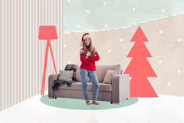 3d retro abstract creative artwork template collage of young female decoration apartment new year...