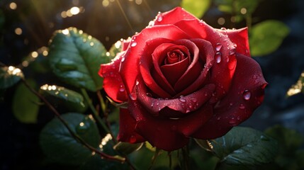 A red rose with rain-kissed petals, glistening under the sunlight, capturing the essence of nature's refreshing touch and renewal.
