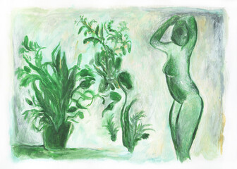 abstract woman with plants. watercolor painting. illustration
