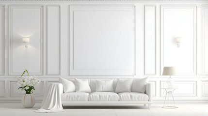 Elegant all-white living room interior design with an empty canvas mockup, featuring sophisticated furnishings, subtle patterns, and luxurious details