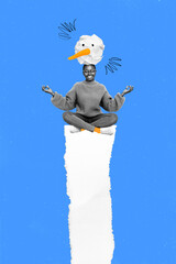 Vertical creative collage image of funny young female head snowman meditate calm new year...
