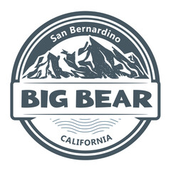 Big Bear City label, California emblem, San Bernardino resort stamp with snow covered mountains, vector