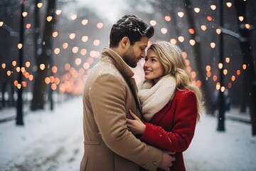 Fototapeta premium Couple in love hugging in a winter park on a blurred garland background