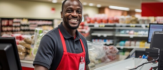 smiling black man working as supermarket cashier with apron