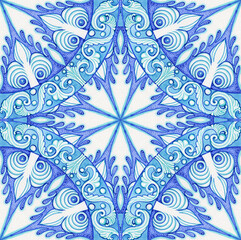 Majolica pattern. Sicilian hand drawn blue ornament. Traditional blue and white ceramic tiles. Portuguese traditional azulejo pattern. Moroccan style.	