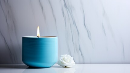 Obraz na płótnie Canvas a serene aqua-blue luxury wall candle against a pure white setting, capturing the essence of tranquility and grace.