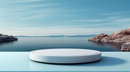 3d render round platform on water and sand with glass wall panels. Minimal landscape mockup for...