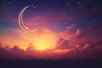Fotobehang ramadan Kareem, Ramadan crescent moon, Eid Mubarak Islamic festival social media banner and Eid Mubarak Post Template, islam © fadi