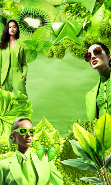Fashion aesthetic moodboard, Hand made, no generated ai, magazine clipping collage.  Top color of the season green kohlrabi. Design of collage made without ai generative