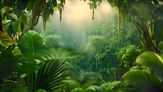 Beautiful jungle background with border made of tropical leaves. AI generated.