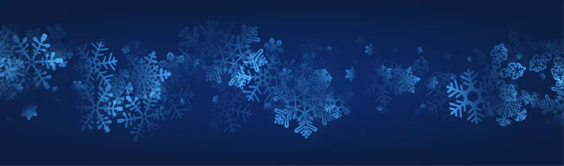 Fotobehang Dark blue winter background with detailed snowflakes. Christmas and new year banner. © Vjom