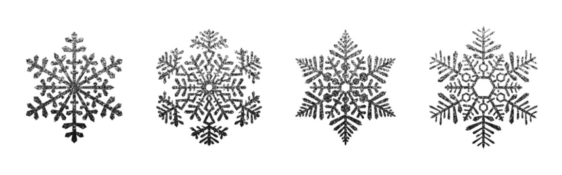 Set of detailed shiny black snowflake icons with glittering effect.