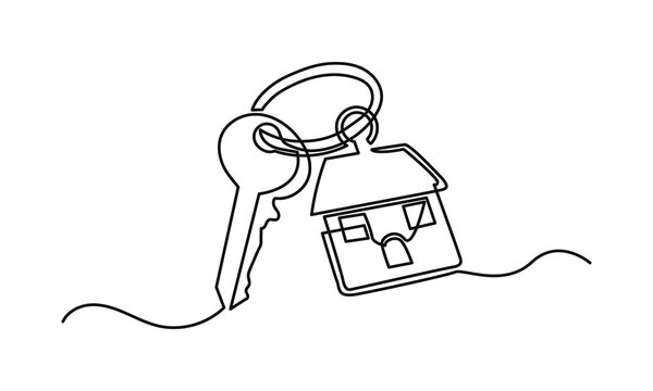 recommend clip art: Continuous line drawing of a key with a house shape. giving key with house icon single-line art, the concept of apartment, security, real estate, isolate of white background.
                    
