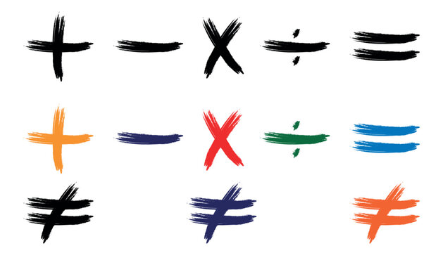 Mathematical vector brushes symbolize plus, minus, multiplication, equal not equal sign symbol and division. scientific resources for teachers and students.