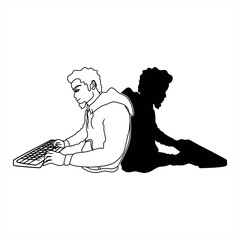 line art illustration of a person with a keyboard with back to back shadows for an icon or logo