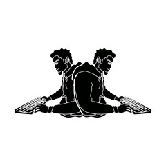 silhouette illustration of two people with a keyboard with their backs to each other for an icon or logo
