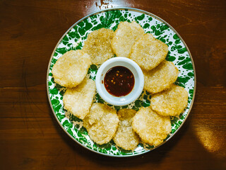 Cireng stands for Aci Goreng which means Fried Tapioca Flour. Indonesian popular street food. Flat lay or top view.
