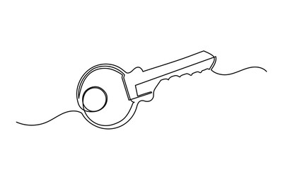 Continuous line drawing of a key. giving key icon single-line art, the concept of apartment, security, real estate, and isolated white background.
