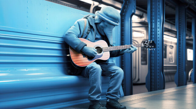 In subway a depressed elephant musician strums his guitar. His hidden eyes convey sadness, reflecting the bleakness of a Blue Monday. Banner. Copy space