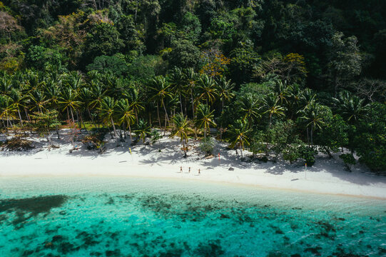 Enjoying the time at the beach. People walking on the white sand, with tropical jungle in the background. Concept about traveling and nature
