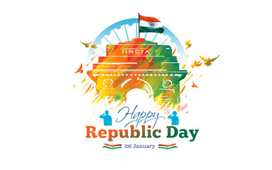 India Republic day. 26 January freedom parade and Independence celebration background. Indian Tricolor flag with India gate monument. Vector illustration patriotic poster design.