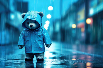 A blue toy bear in a raincoat walk alone in the rainy street background. The depressed bear looks...