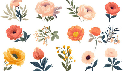 Flowers Illustration Art Design, Isolated on a Clean White Background - A Rustic Garden Fantasy.