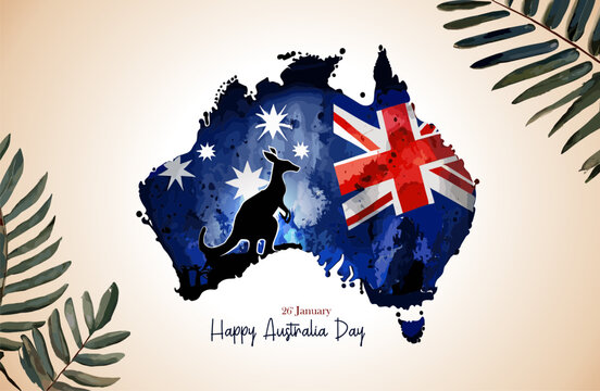 26th January Australia Day flat vector design with Australian Flag, kangaroo, and leaves. A watercolor vintage Australia Day Background, poster, banner design vector