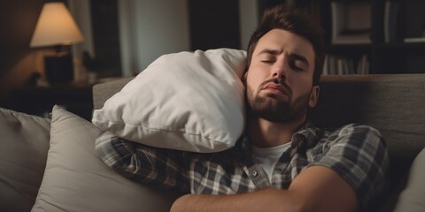 Fototapeta premium Exhausted man, struggling to stay awake, holds a pillow over his head , concept of Sleep deprivation
