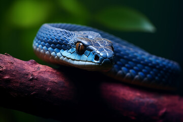 Fototapeta premium close up of a blue snake on a branch with blurred green leaves in the background