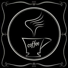 Coffee cup with steam in a decorative frame for logo, poster, banner, sign shop