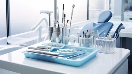 Foto op Plexiglas A spotless white tray holding an array of gleaming dental tools, highlighting the importance of oral care and hygiene. © Ahmad