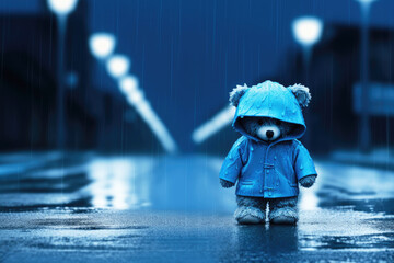 A sad blue toy bear in raincoat stands in the rain, looking down at the puddles. Blue Monday and loneliness concept. Copy space