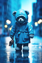 A blue toy bear in a raincoat walk alone in the rainy street background. The depressed bear looks...